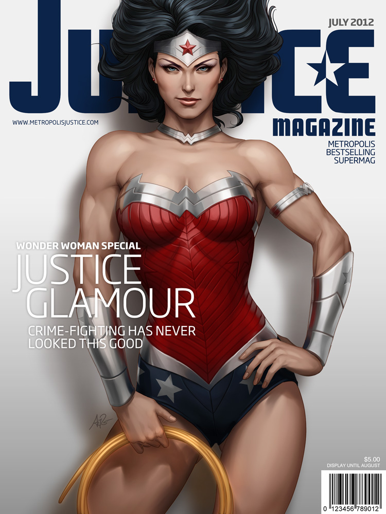 $ 10s 1girl 2012 amazon armband armor bare_shoulders black_hair blue_eyes breasts character_name choker cleavage cover dated dc_comics earrings fake_cover hand_on_hip headband jewelry july lasso looking_at_viewer magazine magazine_cover metropolisjustice muscle realistic sleeveless solo stanley_lau star star_(symbol) star_print tiara vambraces wonder_woman wonder_woman_(series)