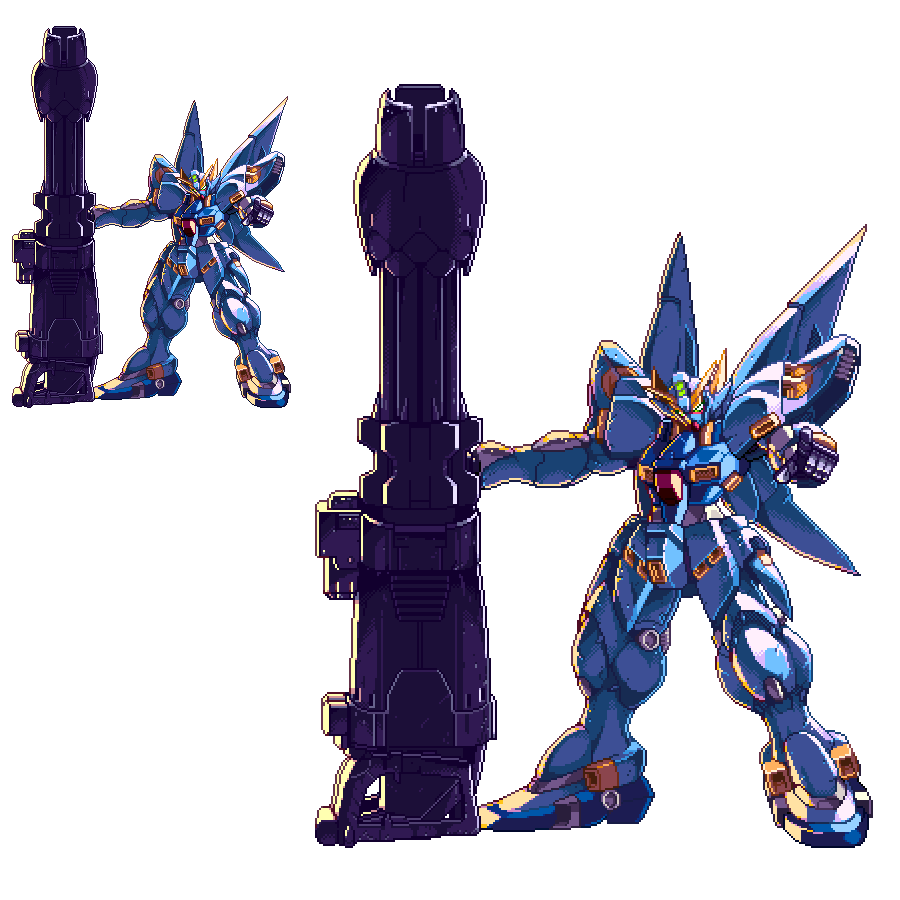 cannon commentary_request full_body holding holding_weapon huckebein huge_weapon looking_at_viewer mecha migel_futoshi multiple_views no_humans pixel_art pointing pointing_at_viewer simple_background standing super_robot_wars weapon white_background