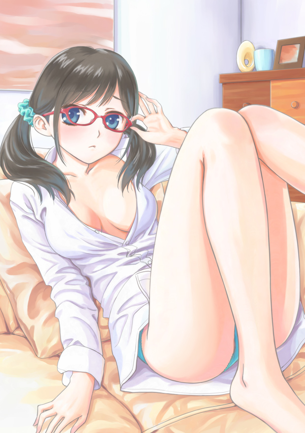 adjusting_glasses ass barefoot bedroom black_hair blue_eyes blue_panties breasts breasts_apart buttons chest_of_drawers dktaka dress_shirt glasses hair_ornament hair_scrunchie indoors long_sleeves looking_at_viewer lying medium_breasts on_back on_bed original panties pantyshot pantyshot_(lying) partially_unbuttoned pillow red-framed_eyewear scrunchie shirt sleeves_folded_up twintails unbuttoned underwear us white_shirt
