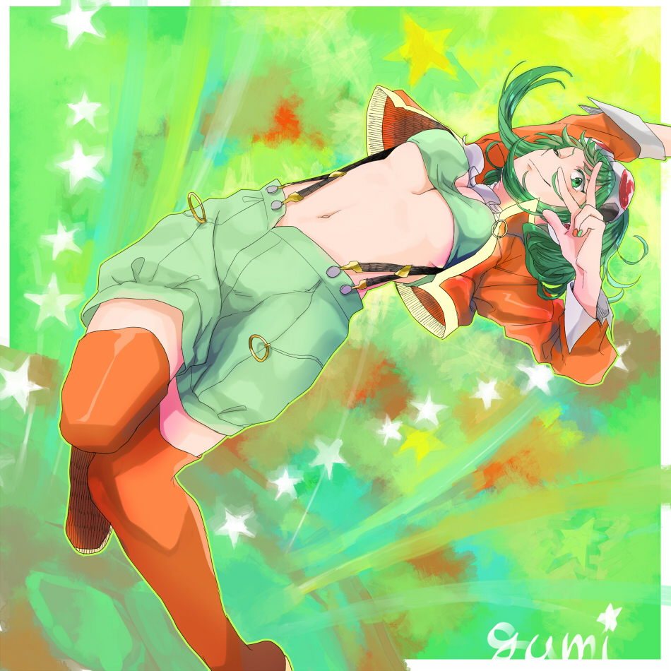 1girl ;) breasts character_name creamyya goggles goggles_on_head green_eyes green_hair green_nails gumi jacket matching_hair/eyes megpoid_(vocaloid3) midriff nail_polish navel one_eye_closed open_clothes open_jacket orange_legwear orange_nails smile solo star suspenders thigh-highs underboob v vocaloid