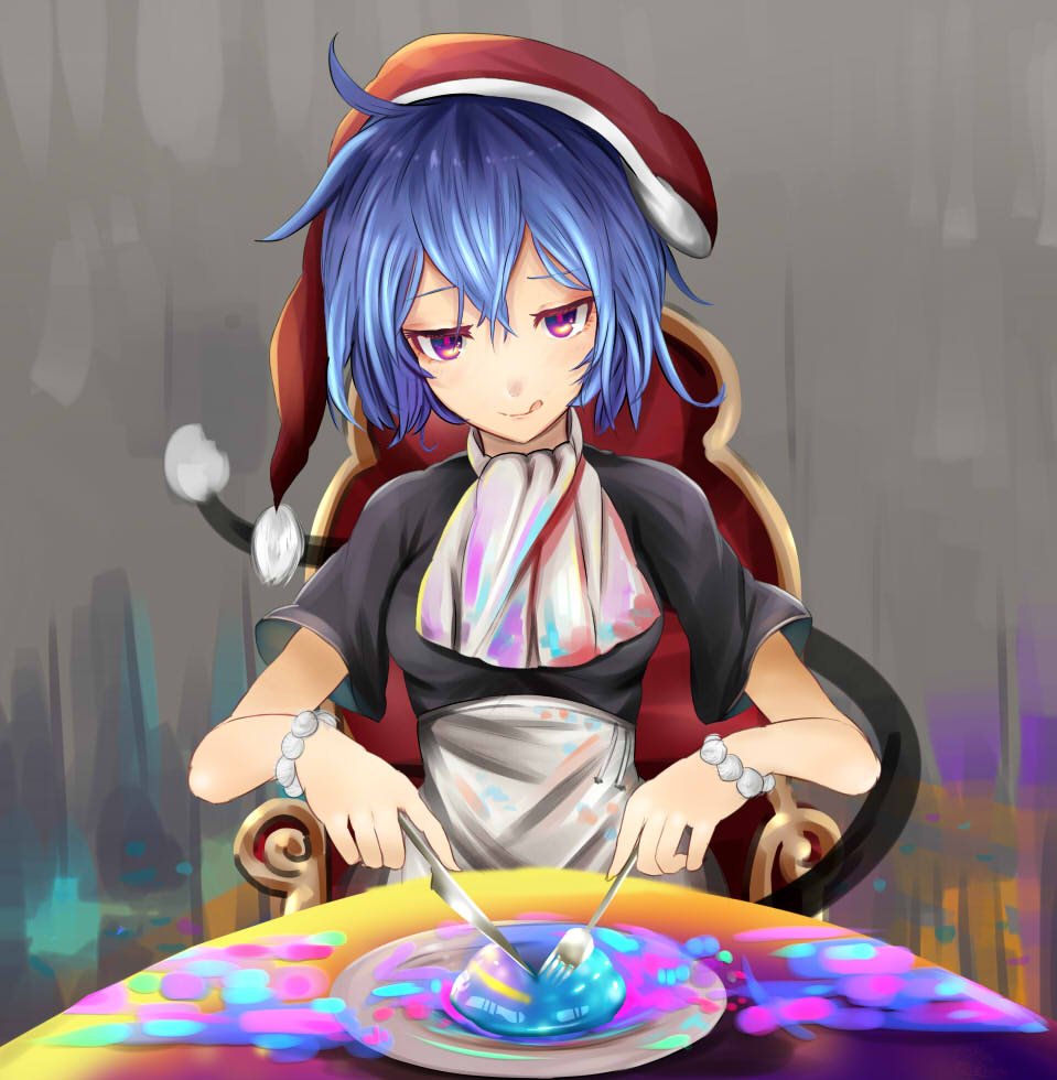 1girl blue_eyes blue_hair chair doremy_sweet dream_soul fork hat houdukixx knife nightcap plate pom_pom_(clothes) purple_hair short_hair solo table tail tongue tongue_out touhou wristband