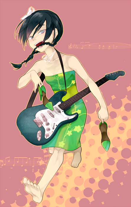 1girl avatar:_the_last_airbender avatar_(series) barefoot black_hair dress feet grey_eyes guitar high_heels holding holding_shoes instrument knknknk nickelodeon running shoes shoes_removed short_twintails solo stratocaster toph_bei_fong twintails