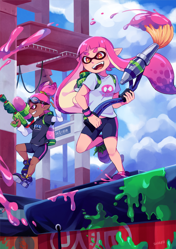 2girls artist_name blue_sky clouds dark_skin domino_mask fangs goggles goggles_on_head grin inkling mask multiple_girls open_mouth orange_eyes paint_splatter pink_eyes pink_hair pointy_ears ponytail shirt shoes signature sky smile sneakers splatoon structure suikka super_soaker t-shirt tentacle_hair