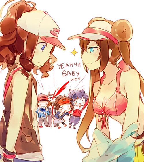 &gt;_&lt; 10s 2girls 4boys bare_shoulders baseball_cap blood blue_eyes bra breast_envy breasts brown_hair cheren_(pokemon) cleavage closed_eyes double_bun english flat_chest front-tie_top hat hue_(pokemon) kyouhei_(pokemon) large_breasts leggings long_hair looking_at_another mei_(pokemon) multiple_boys multiple_girls namie-kun nosebleed pink_bra pokemon pokemon_(game) pokemon_bw pokemon_bw2 ponytail smile sparkle touko_(pokemon) touya_(pokemon) twintails underwear undressing visor_cap