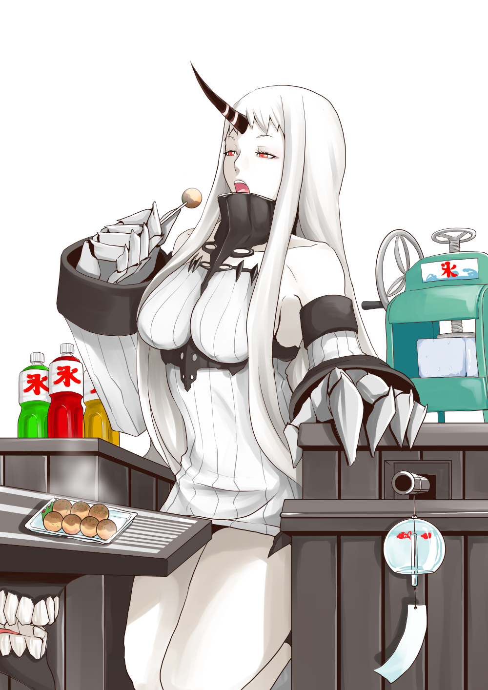 1girl bare_shoulders bottle breasts cannon claws detached_sleeves dress eating food highres horn ice_shaver kantai_collection kneeling large_breasts long_hair open_mouth red_eyes ribbed_dress satsumaimo_pai seaport_hime shinkaisei-kan short_dress sideboob solo steam takoyaki very_long_hair white_hair white_skin