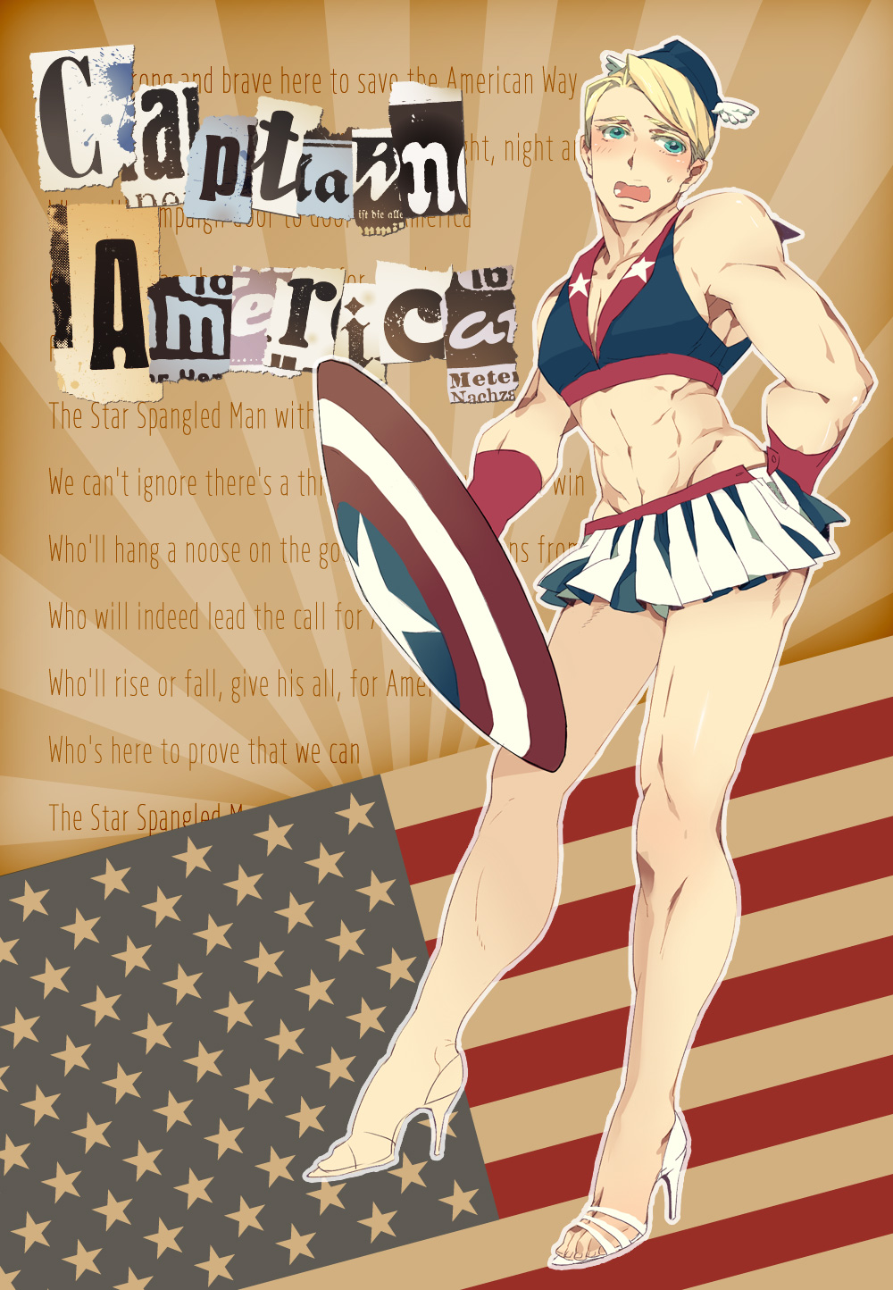 1boy abs blonde_hair blue_eyes blush captain_america captain_america_dancer captain_america_dancer_(cosplay) crossdressinging hat head_wings high_heels highres male_focus manly marvel mcu midriff miniskirt muscle nsmt open_shoes shield shoes skirt solo steve_rogers