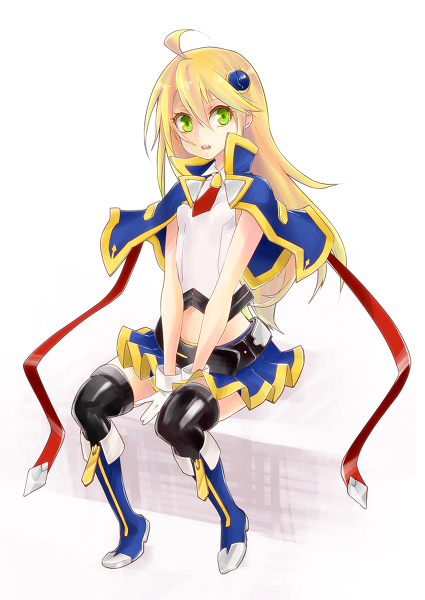 1girl arc_system_works bad_id belt blazblue blazblue:_chronophantasma blonde_hair capelet green_eyes hair_ornament littlebird-idel microskirt midriff necktie noel_vermillion pixiv_thumbnail sitting skirt solo