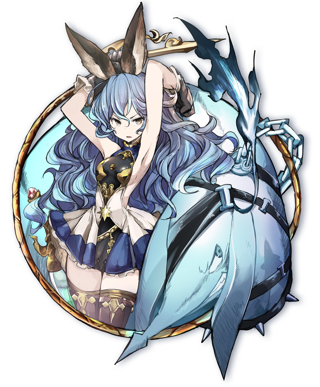 1girl animal_ears armpits arms_up blue_hair breasts brown_gloves brown_legwear ferry_(granblue_fantasy) gloves granblue_fantasy highres long_hair looking_at_viewer open_mouth sideboob solo tansuke thigh-highs whip