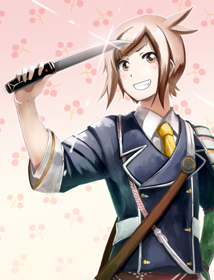 1boy blush brown_eyes brown_hair cowlick double-breasted grin hair_ornament hairclip hand_on_hip houchou_toushirou kodama_yamabiko looking_at_viewer military military_uniform necktie patterned_background pink_background smile sword tantou touken_ranbu uniform upper_body weapon yellow_necktie