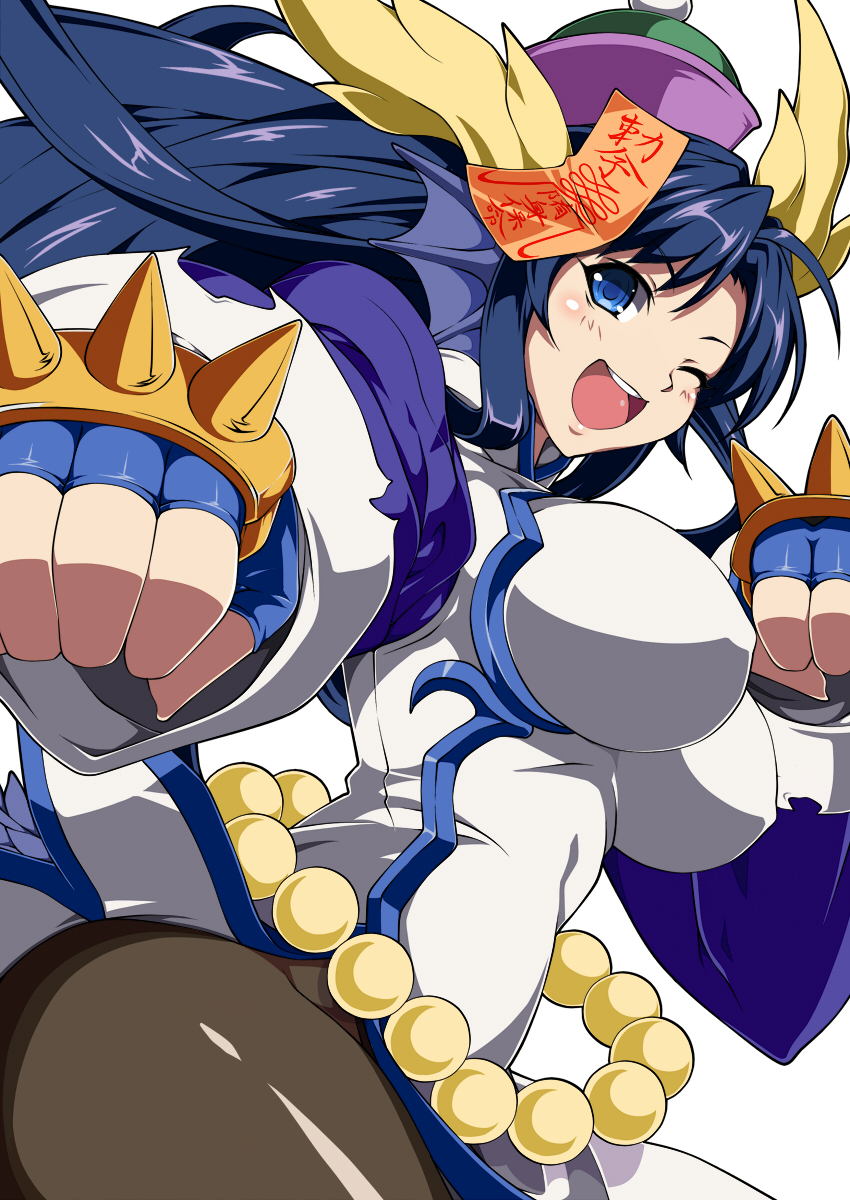 1girl ;d blue_eyes blue_gloves blue_hair blush breasts china_dress chinese_clothes dragon_girl dragon_horns dragon_tail dress fingerless_gloves gloves halloween hat head_fins highres horns jiangshi karin_(p&amp;d) large_breasts long_hair looking_at_viewer miyabi_(miura105) ofuda one_eye_closed open_mouth pantyhose puzzle_&amp;_dragons side_slit simple_background smile solo spiked_knuckles tail white_background