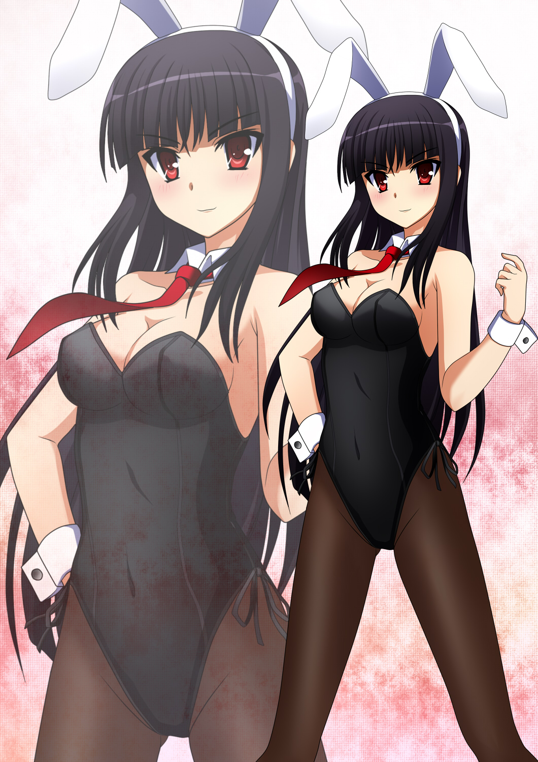 1girl animal_ears arm bare_shoulders black_hair blush breasts bunny_girl bunnysuit cleavage clothed_navel detached_collar fake_animal_ears female hand_on_hip highres hime_cut hips kenken kore_wa_zombie_desu_ka? large_breasts long_hair looking_at_viewer necktie pantyhose rabbit_ears red_eyes sarasvati_(kore_wa_zombie_desu_ka?) saraswati_(kore_wa_zombie_desu_ka?) smile solo standing wrist_cuffs zoom_layer