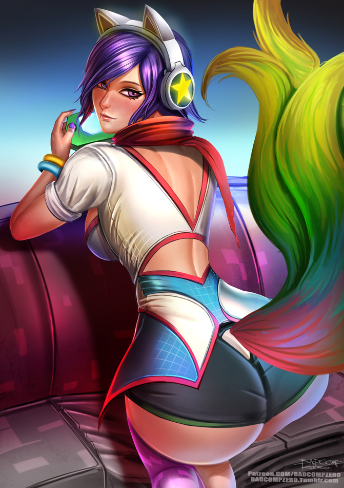 1girl ahri ass badcompzero bare_back breasts handheld_game_console headphones league_of_legends looking_at_viewer looking_back multiple_tails nail_polish pink_legwear purple_hair short_hair short_shorts shorts single_thighhigh solo tail thigh-highs