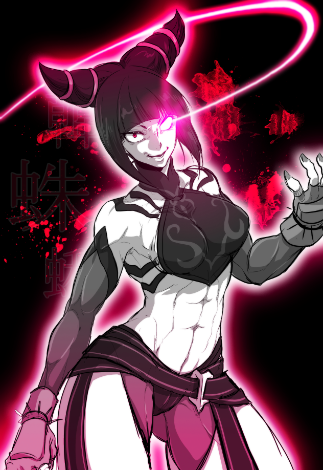 1girl abs bracelet breasts detached_sleeves drill_hair evil_smile glowing glowing_eye han_juri jewelry looking_at_viewer marimo_(yousei_ranbu) muscle muscular_female navel sideboob smile spiked_bracelet spikes street_fighter street_fighter_iv_(series) twin_drills under_boob