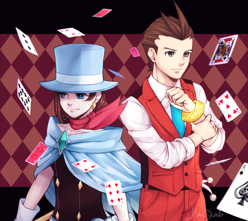 1boy 1girl blue_cape blue_eyes blue_hat blue_necktie brooch brown_eyes brown_hair cape card collared_shirt earrings formal gloves gyakuten_saiban hat janelle jewelry magician naruhodou_minuki necktie odoroki_housuke pants playing_card red_vest scarf shirt short_hair signature sleeves_rolled_up smile suit top_hat vest