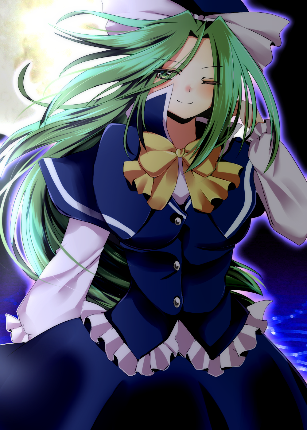 blue_dress blue_hat bow buttons capelet dress frilled_sleeves frills full_moon green_eyes green_hair hand_in_hair hat highres long_hair long_sleeves looking_away mima moon moonlight night night_sky one_eye_closed seiya_(snxmari) sky smile touhou touhou_(pc-98) very_long_hair water yellow_bow