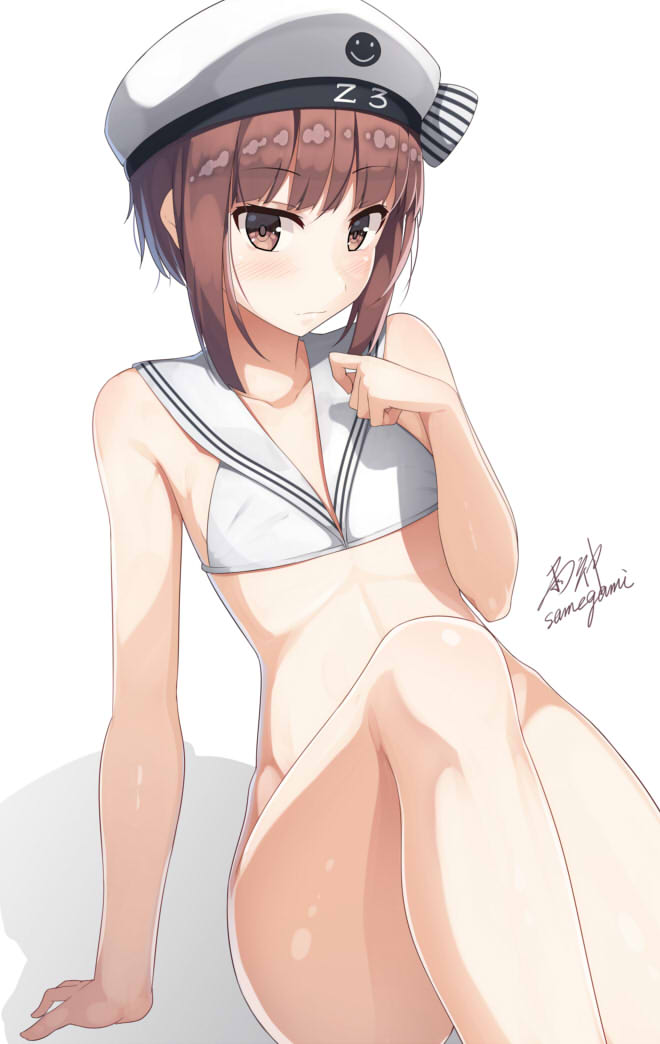 1girl arm_support artist_name bikini bottomless bow brown_eyes brown_hair check_commentary closed_mouth clothes_writing collarbone commentary_request eyebrows eyebrows_visible_through_hair flat_chest hat hat_bow kantai_collection looking_at_viewer peaked_cap sailor_bikini sailor_collar sailor_hat samegami shadow short_hair signature sitting solo striped striped_bow swimsuit white_bikini white_hat z3_max_schultz_(kantai_collection)
