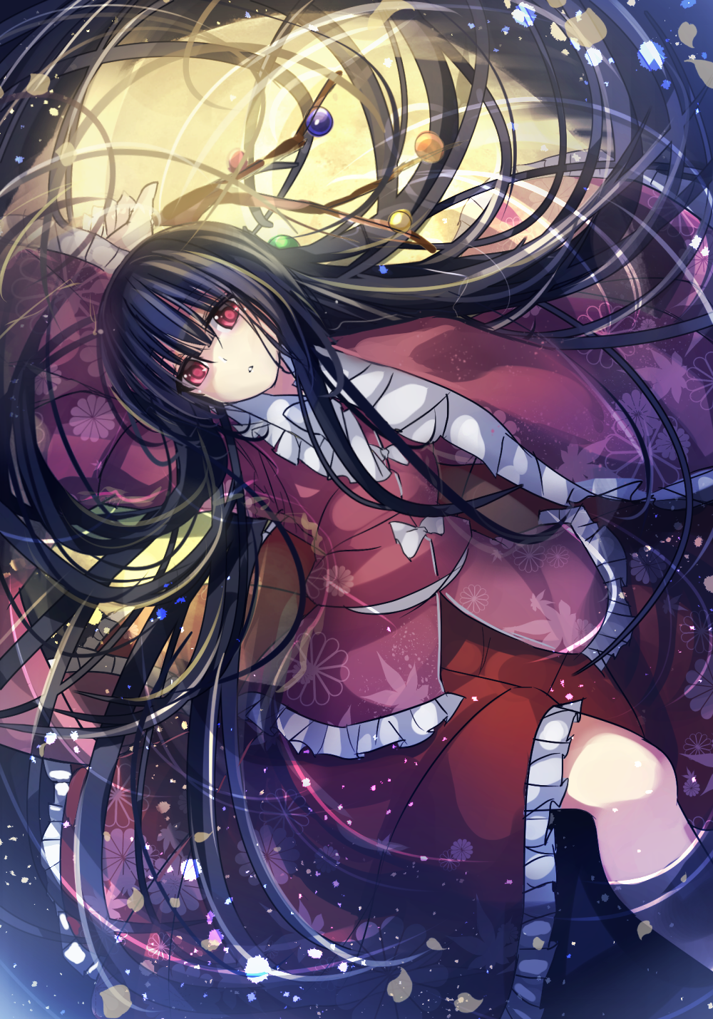 1girl bangs black_hair blunt_bangs branch floral_print frilled_sleeves frills from_above full_moon highres houraisan_kaguya janne_cherry japanese_clothes jeweled_branch_of_hourai kimono long_hair long_sleeves looking_at_viewer lying moon on_back parted_lips partially_submerged petticoat red_eyes red_skirt reflection skirt sleeves_past_wrists solo touhou very_long_hair wide_sleeves