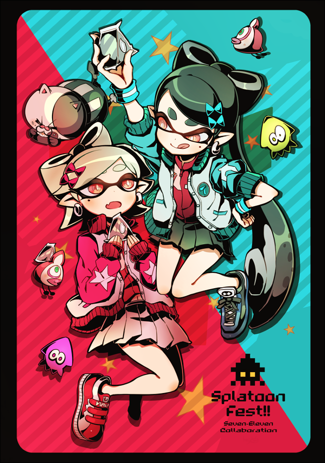 2girls 7-eleven :d alternate_costume aori_(splatoon) arm_up black_hair black_skirt blue_jacket blue_shoes brown_eyes copyright_name cousins domino_mask earrings food grey_hair hand_on_hip holding hotaru_(splatoon) jacket jajji-kun_(splatoon) jewelry keijou_(cave) looking_at_another mask miniskirt mole mole_under_eye multiple_girls octarian onigiri open_clothes open_jacket open_mouth pleated_skirt pointy_ears red_jacket red_shoes shoes skirt sleeves_rolled_up smile sneakers splatoon squid star tentacle_hair wristband