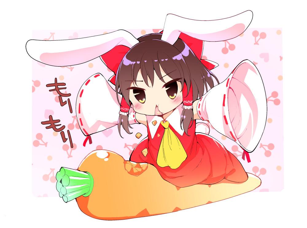 1girl animal_ears ascot bangs blush bow brown_eyes brown_hair bunny_tail carrot chibi commentary_request detached_sleeves eating eyebrows_visible_through_hair full_body hair_bow hair_tubes hakurei_reimu heart japanese_clothes long_sleeves miko mutsutake open_mouth rabbit_ears red_bow ribbon-trimmed_sleeves ribbon_trim sidelocks simple_background sleeves_past_wrists solo tail touhou triangle_mouth wide_sleeves