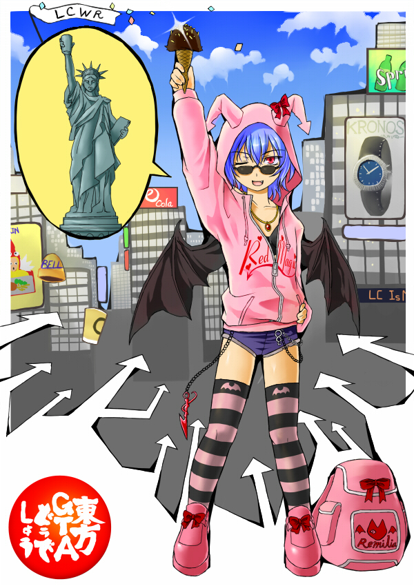 ;d alternate_costume arm_up backpack bag bat_print bat_wings blue_hair bow chains collarbone day directional_arrow flat_chest food full_body grand_theft_auto hand_on_hip hood hooded_jacket ice_cream jacket jewelry long_sleeves looking_at_viewer one_eye_closed open_mouth outdoors parody pendant pink_jacket pink_shoes puffy_long_sleeves puffy_sleeves ragi_(schrdngr) red_bow red_eyes remilia_scarlet shoes short_hair short_shorts shorts smile spear_the_gungnir spoken_object statue_of_liberty striped striped_legwear sunglasses touhou undershirt wings
