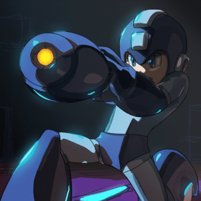 1boy android animated animated_gif arm_cannon blue_eyes capcom firing helmet lowres male_focus one_knee robot rockman rockman_(character) solo weapon