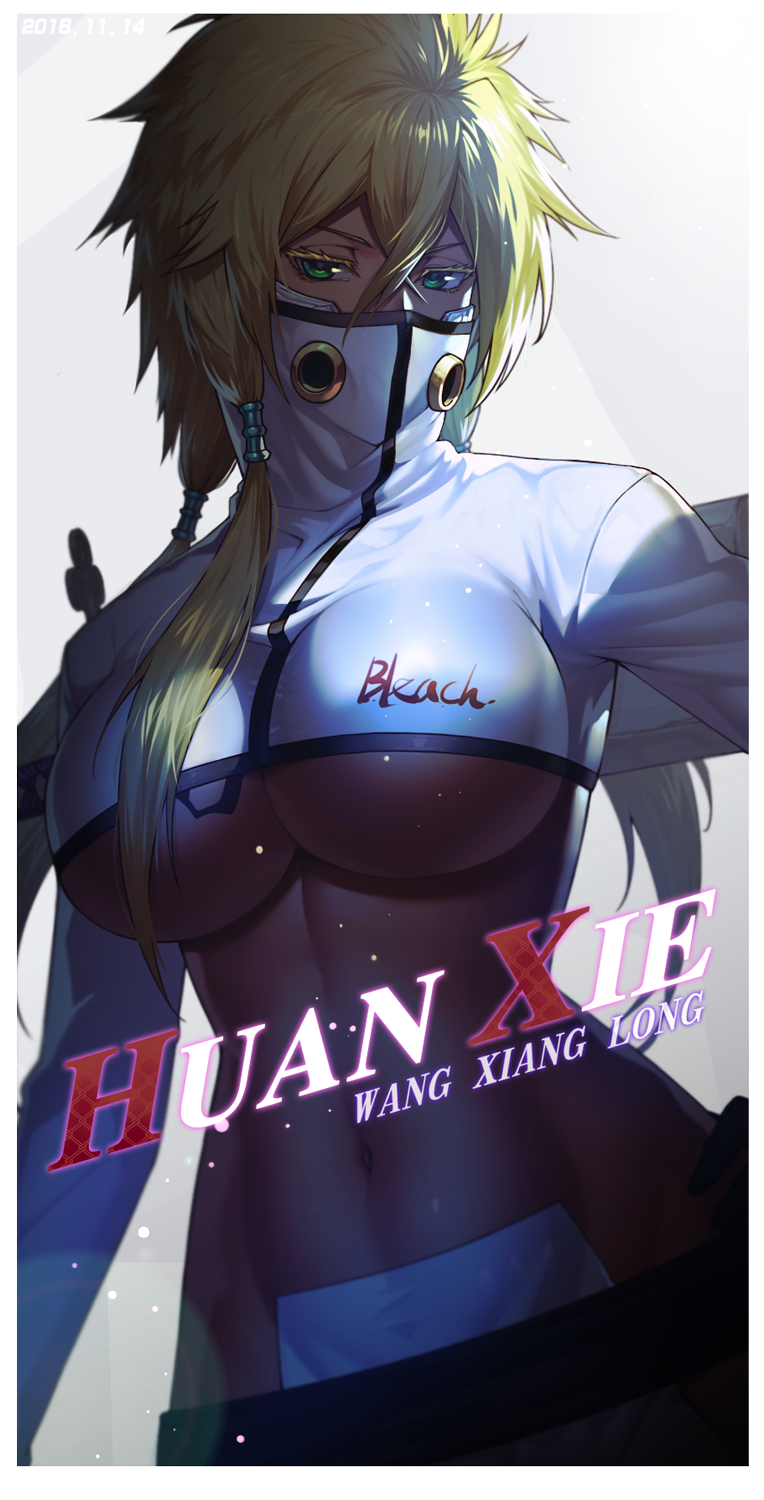 10s 1girl 2016 artist_name bleach blonde_hair breasts clothes_writing copyright_name covered_mouth crop_top dark_skin dated green_eyes grey_background hair_between_eyes hair_tubes high_collar highres huang_xie large_breasts long_hair long_sleeves looking_at_viewer navel revealing_clothes solo stomach tier_harribel toned under_boob upper_body white_border
