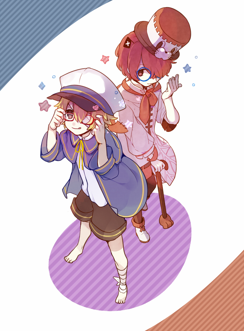 2boys :p asymmetrical_clothes barefoot bespectacled black_legwear blonde_hair blue-framed_eyewear boots cane from_above fukase glasses hair_over_one_eye hat head_flag heart highres male_focus multiple_boys oliver_(vocaloid) pale_skin peaked_cap red-framed_eyewear redhead shorts smile star tongue tongue_out top_hat vocaloid yanco