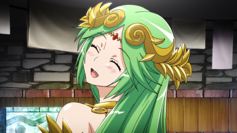 1girl :d bangs bare_shoulders blush choker closed_eyes from_behind goddess green_hair head_tilt jewelry kid_icarus kid_icarus_uprising long_hair looking_back necklace nintendo open_mouth palutena parted_bangs screencap shaft shaft_look smile solo swept_bangs tiara