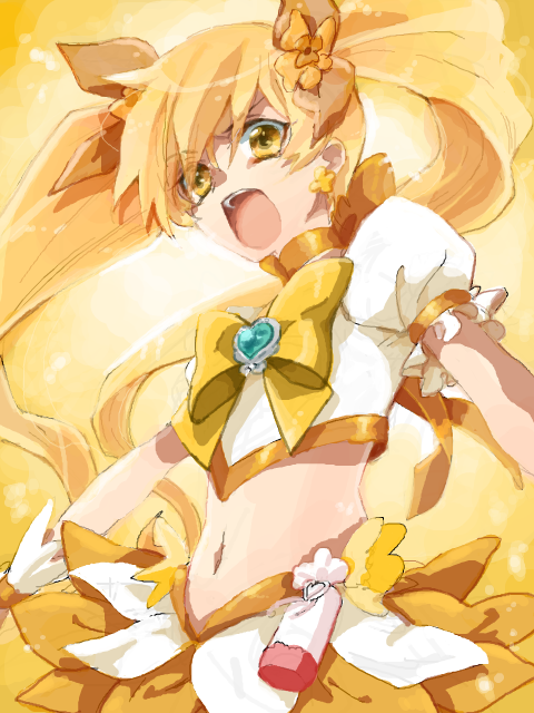 1girl blonde_hair bow cure_sunshine earrings heartcatch_precure! jewelry long_hair magical_girl midriff myoudouin_itsuki nakagawa_waka navel open_mouth orange_bow orange_eyes orange_hair precure solo twintails yellow_bow yellow_eyes