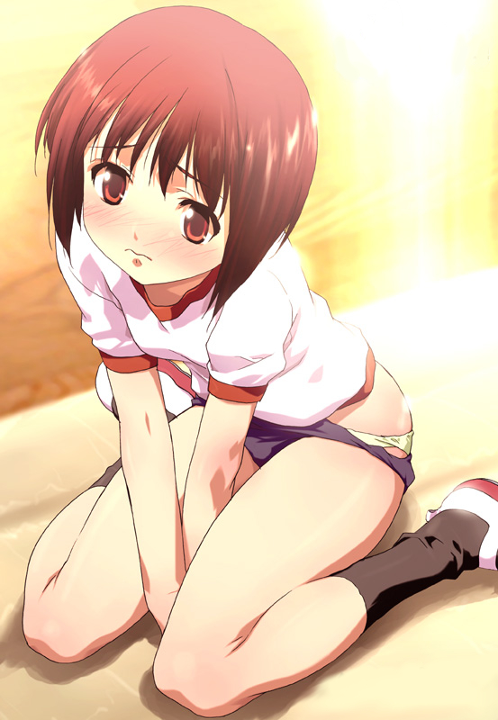 1girl blush buruma buruma_pull dusk footwear gym_uniform hagiwara_yukiho hakua_ugetsu idolmaster io_takuya kneehighs kneeling panties photoshop pink_eyes pink_hair sad short_hair sitting socks solo sunset underwear yellow_panties