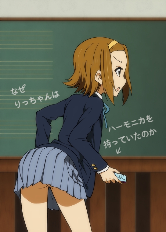 1girl ass brown_eyes brown_hair chalkboard directional_arrow female hairband harmonica instrument k-on! landolt_tamaki school_uniform short_hair solo tainaka_ritsu text translated