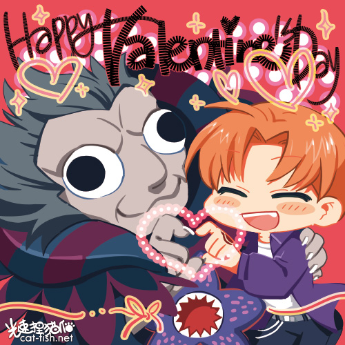 2boys ^_^ black_eyes chibi closed_eyes fate/zero fate_(series) grey_hair heart heart_hands heart_hands_duo lowres mao_yu monster multiple_boys neko_sakana orange_hair tentacle uryuu_ryuunosuke valentine