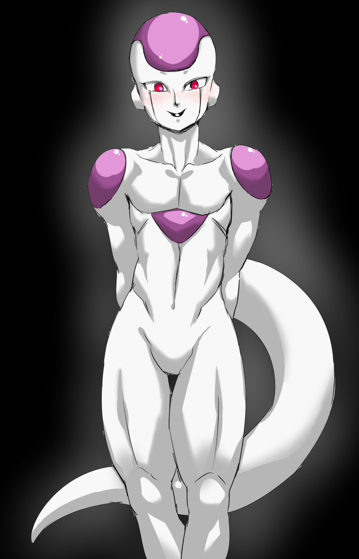 androgynous arms_behind_back bald blush dragon_ball dragon_ball_z dragonball_z frieza kirushi no_penis nude red_eyes solo tail white_skin