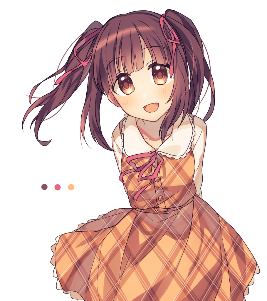 1girl :d arms_behind_back bangs blush brown_dress brown_eyes brown_hair collarbone commentary_request dress eyebrows_visible_through_hair head_tilt idolmaster idolmaster_cinderella_girls long_sleeves looking_at_viewer minamiya_mia ogata_chieri open_mouth plaid plaid_dress shirt sidelocks simple_background smile solo twintails unmoving_pattern white_background white_shirt