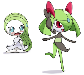 blue_eyes blush cosplay costume_switch green_hair headset kirlia lowres meloetta nintendo no_humans open_mouth pokemoa pokemon pokemon_(game) pokemon_bw pokemon_rse red_eyes sitting smile tears wariza wavy_mouth