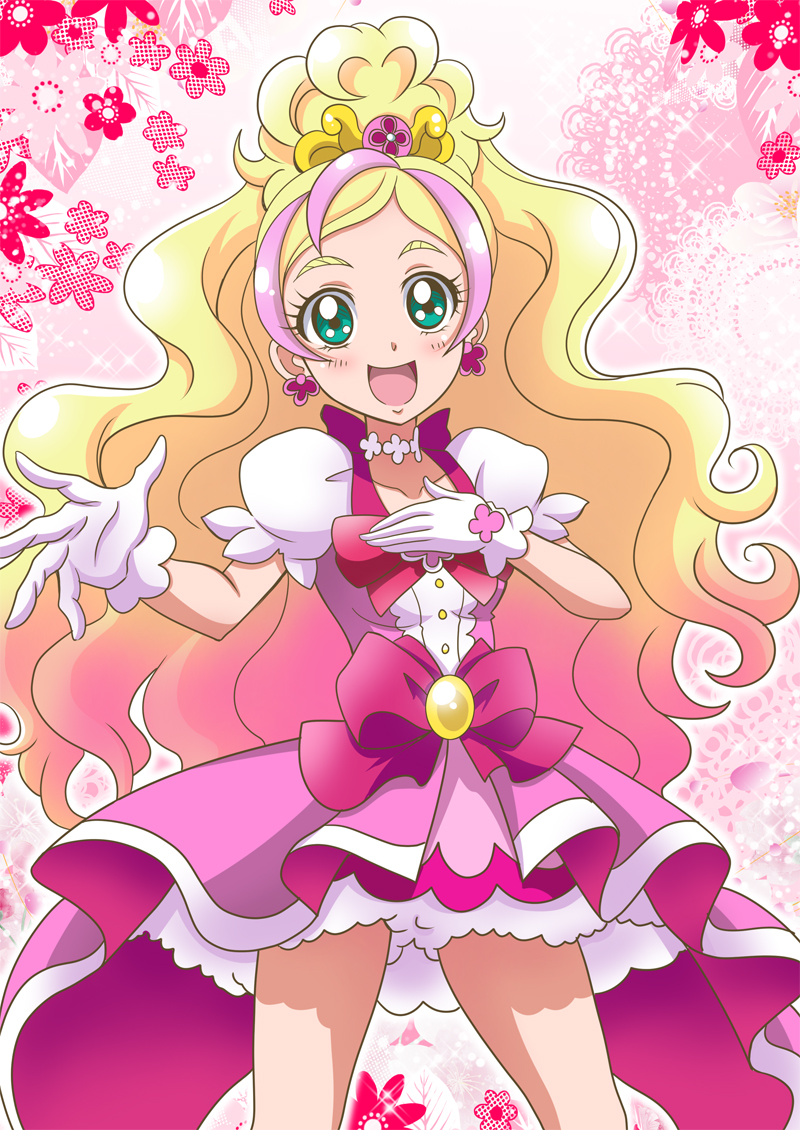 blonde_hair blue_eyes blush cure_flora dress go!_princess_precure happy haruno_haruka long_hair magical_girl odango ribbon