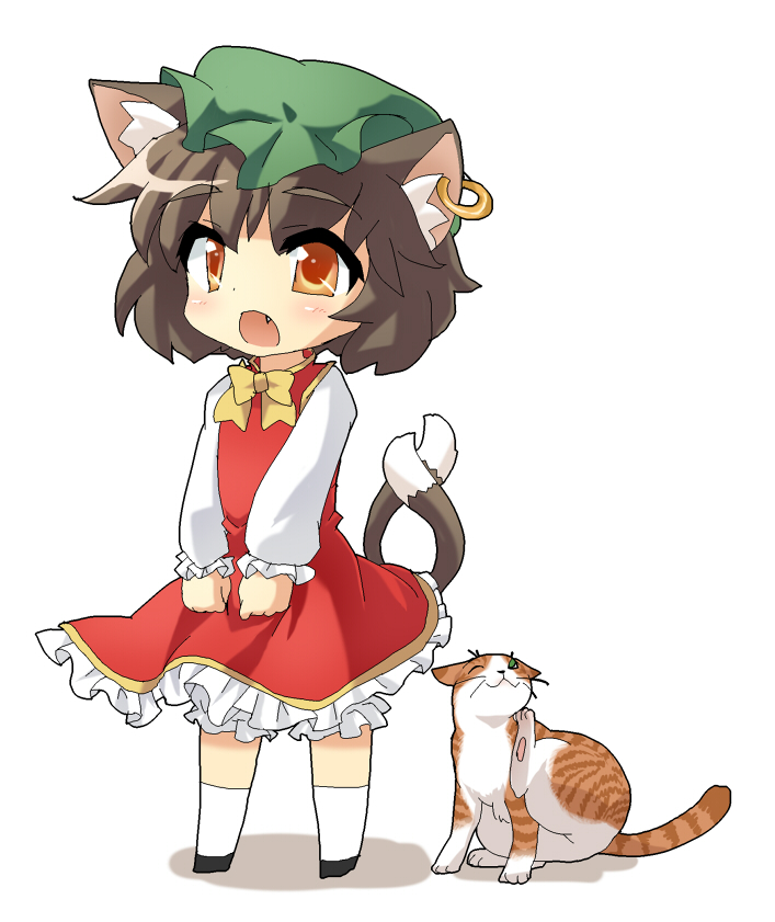 1girl animal_ears asyura7 bloomers bow brown_eyes brown_hair cat cat_ears cat_tail chen chibi child dress earrings fang female jewelry multiple_tails open_mouth red_dress shirt short_hair solo standing tail touhou underwear v_arms
