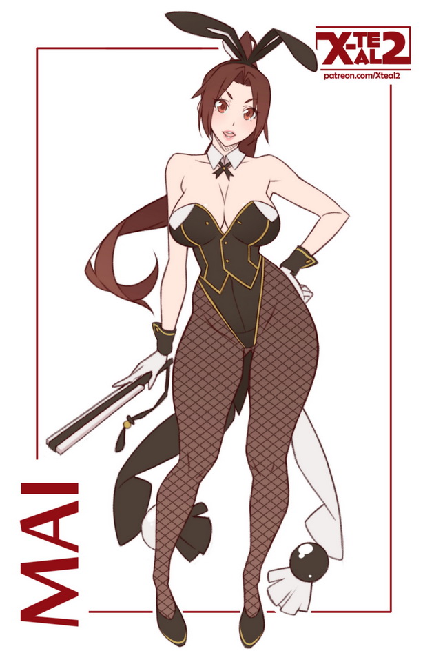 1girl animal_ears bare_shoulders breasts brown_eyes brown_hair bunnysuit character_name cleavage contrapposto detached_collar fake_animal_ears fan fatal_fury female fishnet_pantyhose fishnets flat_color folding_fan full_body gloves hand_on_hip large_breasts leotard looking_at_viewer open_mouth pantyhose ponytail rabbit_ears shiranui_mai solo the_king_of_fighters watermark web_address white_background wrist_cuffs x-teal2