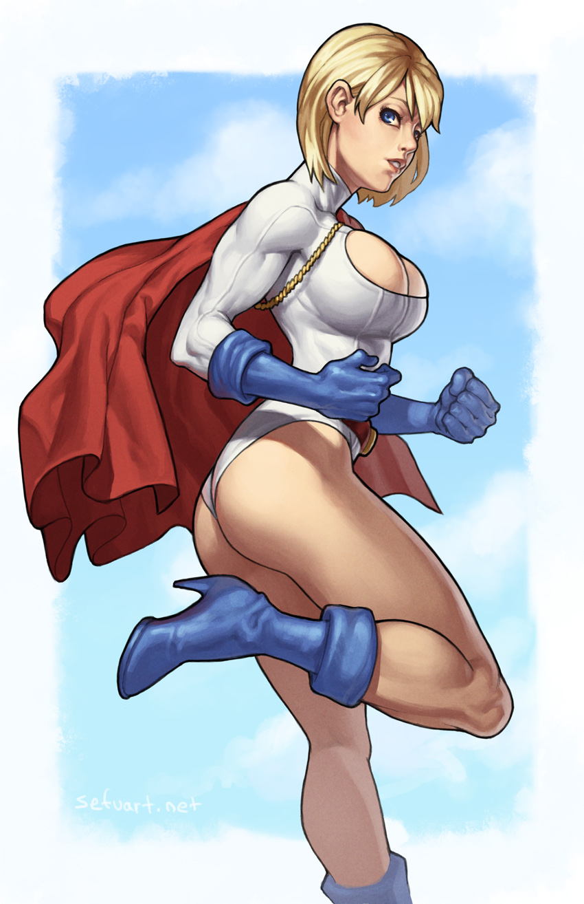 1girl ass blonde_hair blue_boots blue_eyes bob_cut boots breasts cape cleavage_cutout clouds dc_comics gloves high_heel_boots high_heels highres huge_breasts kryptonian large_breasts leotard muscle pose power_girl red_cape short_hair simple_background solo speh