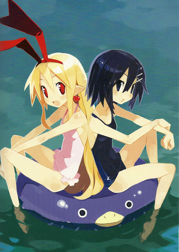 2girls asagiri_asagi back-to-back bare_shoulders barefoot black_eyes black_hair blonde_hair casual_one-piece_swimsuit disgaea earrings fang feet_in_water flonne flonne_(fallen_angel) hair_ornament hairclip harada_takehito jewelry long_hair multiple_girls nippon_ichi official_art one-piece_swimsuit partially_submerged pointy_ears scan short_hair smile soaking_feet swimsuit water water_float