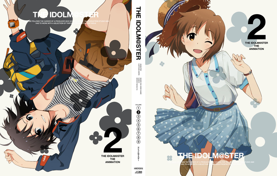 2girls bag belt black_hair blue_eyes bracelet brown_eyes brown_hair cover dvd_cover hagiwara_yukiho hat idolmaster jacket jewelry kikuchi_makoto multiple_girls navel nishigori_atsushi official_art one_eye_closed open_mouth polka_dot polka_dot_skirt shirt short_hair shorts skirt smile straw_hat striped striped_shirt sun_hat tank_top watch watch