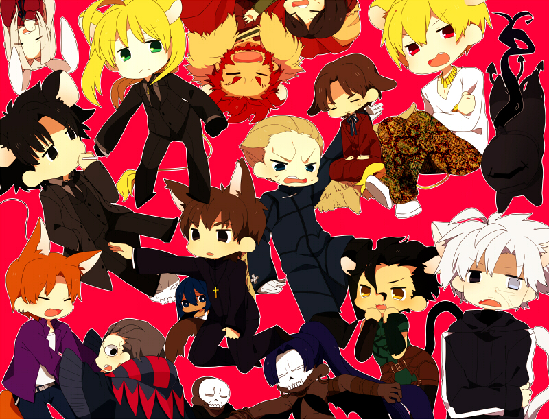 4girls 6+boys animal_ears assassin_(fate/zero) berserker_(fate/zero) caster_(fate/zero) cat_ears cat_tail chibi dog_ears emiya_kiritsugu everyone fate/zero fate_(series) gilgamesh irisviel_von_einzbern kayneth_archibald_el-melloi kemonomimi_mode kotomine_kirei lancer_(fate/zero) lion_ears matou_kariya multiple_boys multiple_girls rabbit_ears rider_(fate/zero) saber sc69 tail tohsaka_tokiomi toosaka_tokiomi uryuu_ryuunosuke waver_velvet