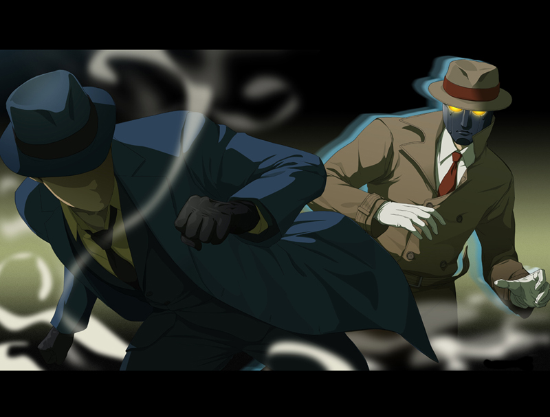 2boys aura blazer capcom crossover dc_comics faceless fedora formal gb_(doubleleaf) gloves glowing glowing_eyes hat jacket letterboxed male_focus mask multiple_boys necktie q_(street_fighter) running street_fighter street_fighter_iii street_fighter_iii:_3rd_strike street_fighter_iii_(series) suit the_question trench_coat white_gloves