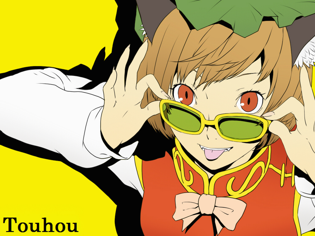 1girl animal_ears atlus bespectacled bow brown_hair cat_ears chen face fangs female flat_color glasses hat looking_at_viewer parody persona persona_4 red_eyes satonaka_chie shadow shirosato short_hair simple_background solo style_parody tongue touhou