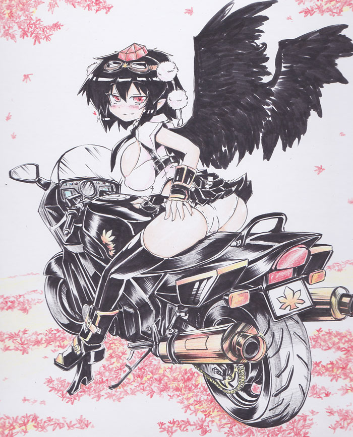 1girl adapted_costume ass bangs black_hair black_legwear black_wings blush boots breasts bursting_breasts contemporary erect_nipples female from_behind gauntlets geta gloves goggles goggles_on_head ground_vehicle hand_on_hip hat large_breasts leaf leaning_forward looking_at_viewer looking_back maple_leaf microskirt miniskirt motor_vehicle motorcycle necktie okiraku_nikku panties pantyshot pantyshot_(sitting) pleated_skirt pointy_ears red_eyes revealing_clothes seductive_smile shameimaru_aya shikishi shiny shiny_clothes shiny_hair shiny_skin short_hair sitting skirt smile solo straddling thigh-highs tokin_hat touhou traditional_media underwear upskirt vehicle white_panties wings
