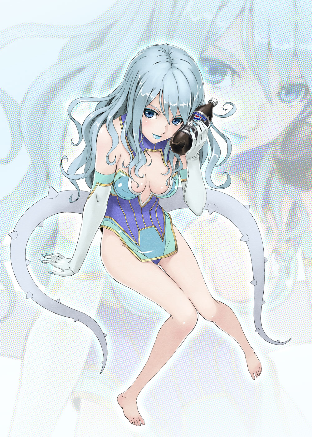 1girl arm_support bare_legs barefoot blue_eyes blue_hair blue_lipstick blue_rose_(tiger_&amp;_bunny) breasts cleavage drink elbow_gloves feet fingernails fingernails_over_gloves fukukitaru gloves highres karina_lyle knees_together_feet_apart legs leotard lips lipstick long_hair makeup no_hat no_headwear no_legwear pepsi pepsi_nex product_placement sitting soda solo superhero tiger_&amp;_bunny toes zoom_layer