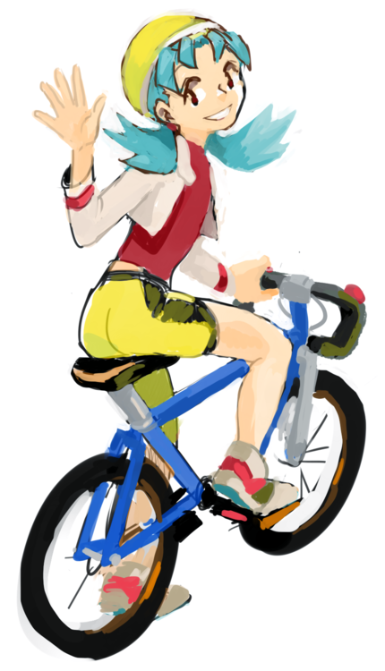 1girl 90s assfruit bicycle blue_hair crystal_(pokemon) hat looking_at_viewer pokemon pokemon_(game) pokemon_gsc sitting smile twintails