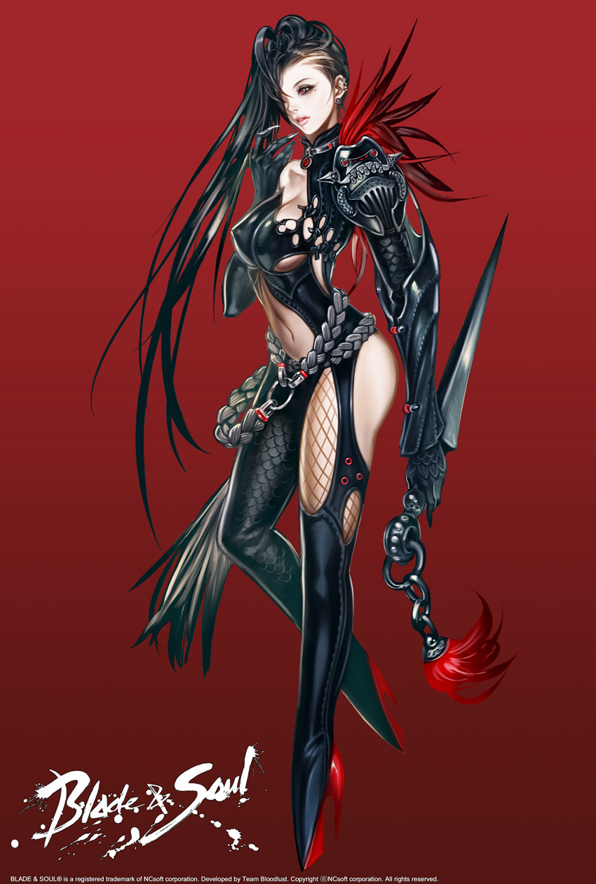 1girl armor black_hair blade_&amp;_soul breasts cleavage copyright_name earrings erect_nipples fishnets full_body hair_over_one_eye high_heels highres jewelry jung-jun_ho lips long_hair medium_breasts navel pauldrons ran_yu_(blade_and_soul) shoes simple_background solo standing sword weapon yuran