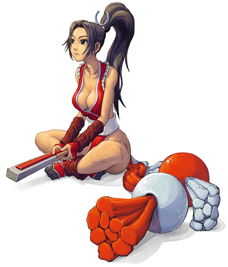 1girl bare_shoulders breasts brown_hair cleavage closed_fan concept_art fan fatal_fury fingerless_gloves folding_fan gloves japanese_clothes king_of_fighters large_breasts legs_crossed long_hair neo_geo_battle_coliseum ninja official_art pelvic_curtain ponytail revealing_clothes shiranui_mai sitting snk solo tabi the_king_of_fighters