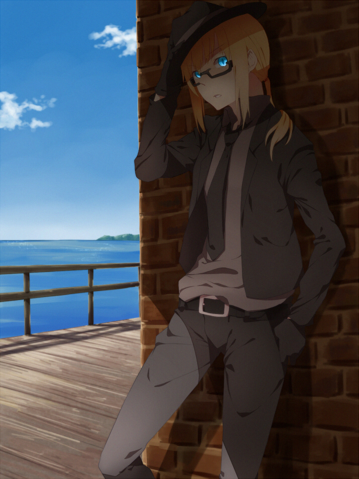 1girl 397_(artist) against_wall androgynous bad_id belt bespectacled blonde_hair blue_eyes clouds fate/stay_night fate/zero fate_(series) fedora formal glasses gloves hair_up hand_on_headwear hat necktie ocean pietani397 saber semi-rimless_glasses shade sky solo suit under-rim_glasses